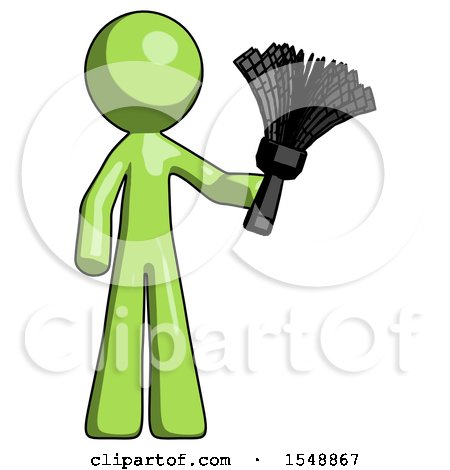 Green Design Mascot Man Holding Feather Duster Facing Forward by Leo Blanchette