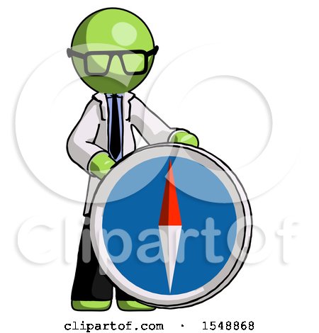 Green Doctor Scientist Man Standing Beside Large Compass by Leo Blanchette