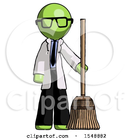 Green Doctor Scientist Man Standing with Broom Cleaning Services by Leo Blanchette