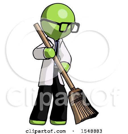 Green Doctor Scientist Man Sweeping Area with Broom by Leo Blanchette