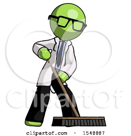 Green Doctor Scientist Man Cleaning Services Janitor Sweeping Floor with Push Broom by Leo Blanchette