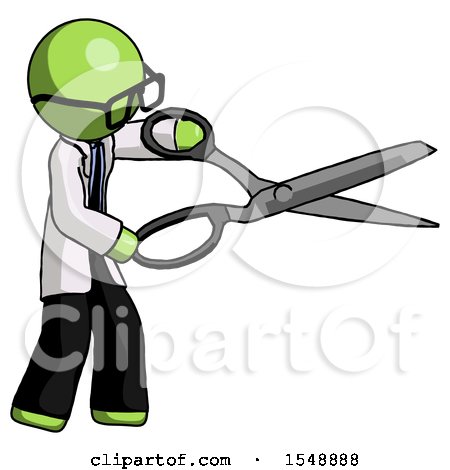 Green Doctor Scientist Man Holding Giant Scissors Cutting out Something by Leo Blanchette