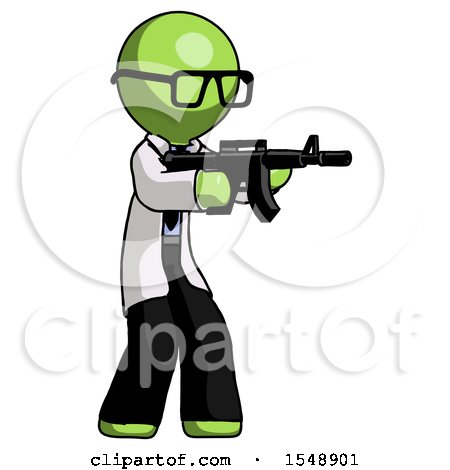 Green Doctor Scientist Man Shooting Automatic Assault Weapon by Leo Blanchette