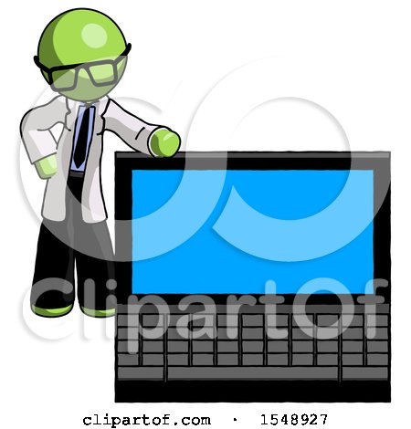 Green Doctor Scientist Man Beside Large Laptop Computer, Leaning Against It by Leo Blanchette