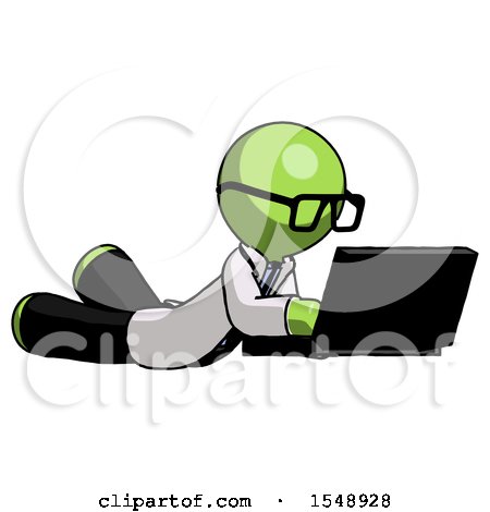 Green Doctor Scientist Man Using Laptop Computer While Lying on Floor Side Angled View by Leo Blanchette