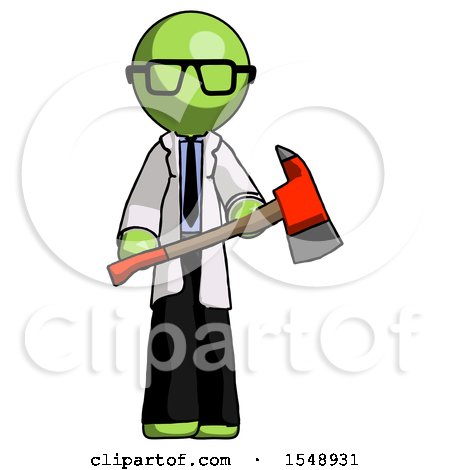 Green Doctor Scientist Man Holding Red Fire Fighter's Ax by Leo Blanchette