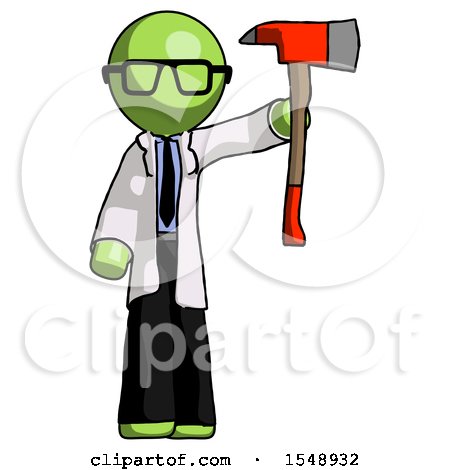 Green Doctor Scientist Man Holding up Red Firefighter's Ax by Leo Blanchette
