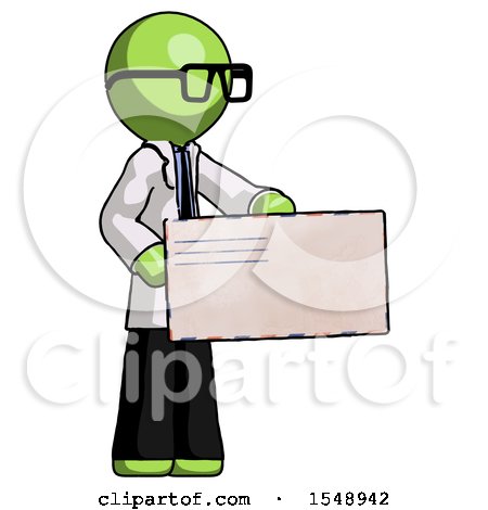 Green Doctor Scientist Man Presenting Large Envelope by Leo Blanchette