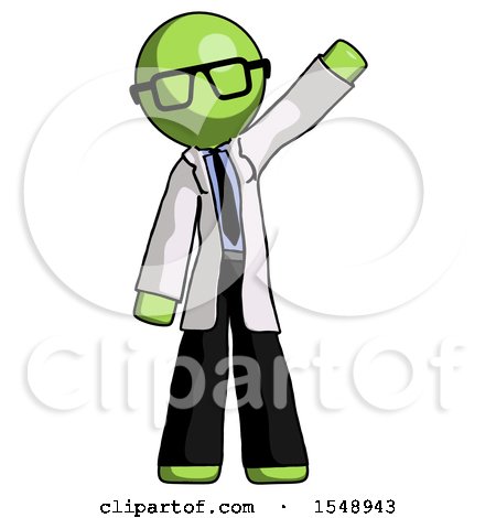 Green Doctor Scientist Man Waving Emphatically with Left Arm by Leo Blanchette