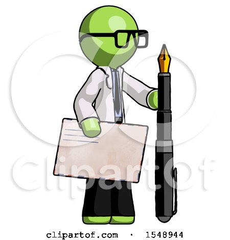 Green Doctor Scientist Man Holding Large Envelope and Calligraphy Pen by Leo Blanchette