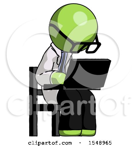 Green Doctor Scientist Man Using Laptop Computer While Sitting in Chair Angled Right by Leo Blanchette