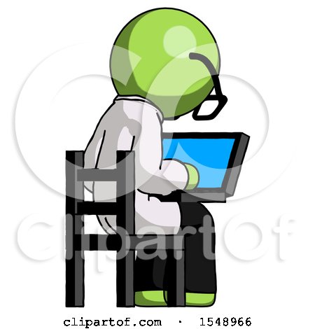 Green Doctor Scientist Man Using Laptop Computer While Sitting in Chair View from Back by Leo Blanchette