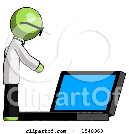 Green Doctor Scientist Man Using Large Laptop Computer Side Orthographic View by Leo Blanchette