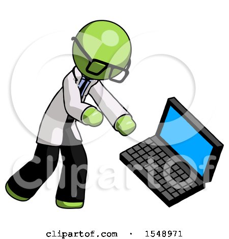 Green Doctor Scientist Man Throwing Laptop Computer in Frustration by Leo Blanchette