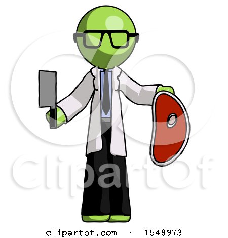 Green Doctor Scientist Man Holding Large Steak with Butcher Knife by Leo Blanchette