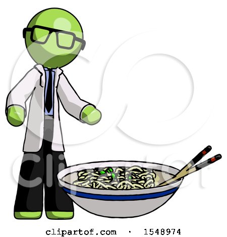 Green Doctor Scientist Man and Noodle Bowl, Giant Soup Restaraunt Concept by Leo Blanchette