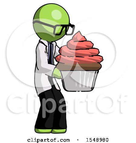 Green Doctor Scientist Man Holding Large Cupcake Ready to Eat or Serve by Leo Blanchette