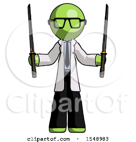 Green Doctor Scientist Man Posing with Two Ninja Sword Katanas up by Leo Blanchette