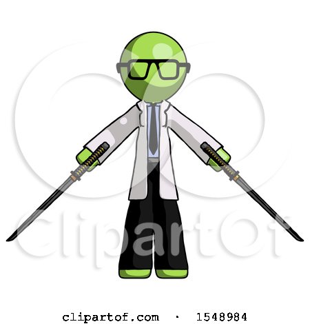 Green Doctor Scientist Man Posing with Two Ninja Sword Katanas by Leo Blanchette