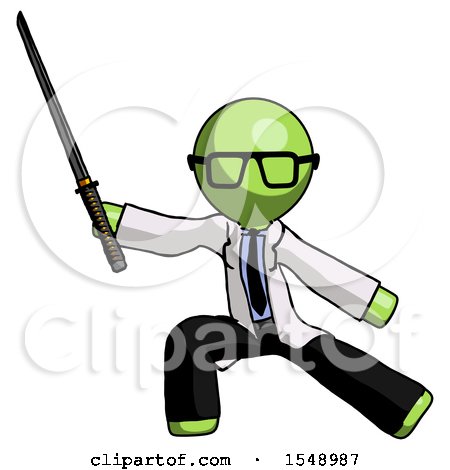 Green Doctor Scientist Man with Ninja Sword Katana in Defense Pose by Leo Blanchette