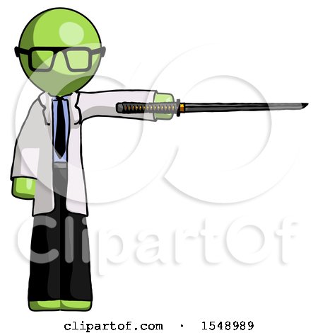 Green Doctor Scientist Man Standing with Ninja Sword Katana Pointing Right by Leo Blanchette