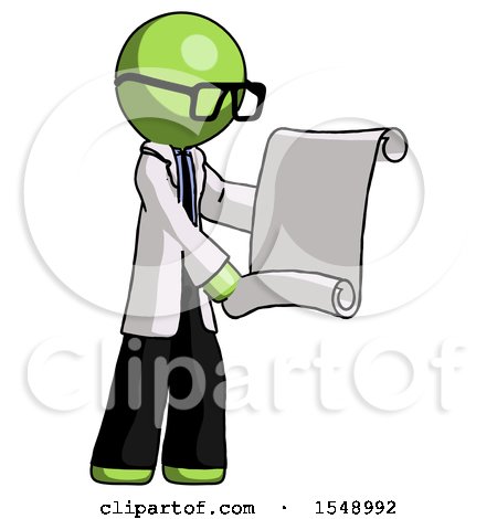 Green Doctor Scientist Man Holding Blueprints or Scroll by Leo Blanchette