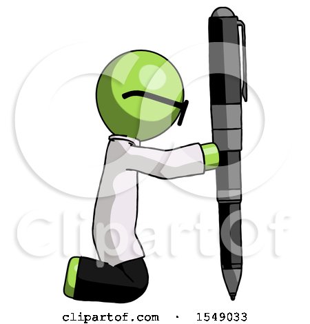 Green Doctor Scientist Man Posing with Giant Pen in Powerful yet Awkward Manner. by Leo Blanchette
