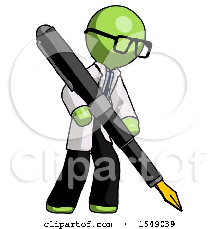 Green Doctor Scientist Man Drawing or Writing with Large Calligraphy Pen by Leo Blanchette