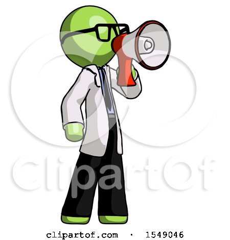 Green Doctor Scientist Man Shouting into Megaphone Bullhorn Facing Right by Leo Blanchette
