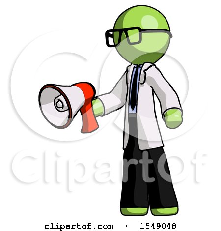 Green Doctor Scientist Man Holding Megaphone Bullhorn Facing Right by Leo Blanchette