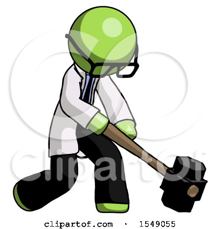 Green Doctor Scientist Man Hitting with Sledgehammer, or Smashing Something at Angle by Leo Blanchette