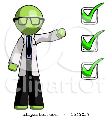 Green Doctor Scientist Man Standing by List of Checkmarks by Leo Blanchette