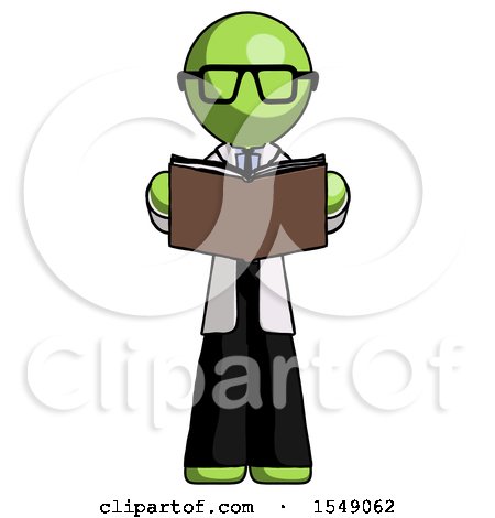 Green Doctor Scientist Man Reading Book While Standing up Facing Viewer by Leo Blanchette