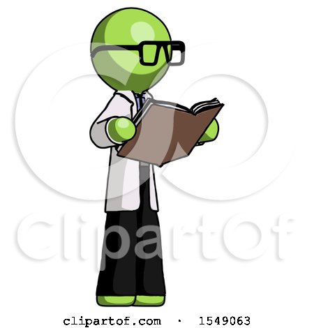 Green Doctor Scientist Man Reading Book While Standing up Facing Away by Leo Blanchette