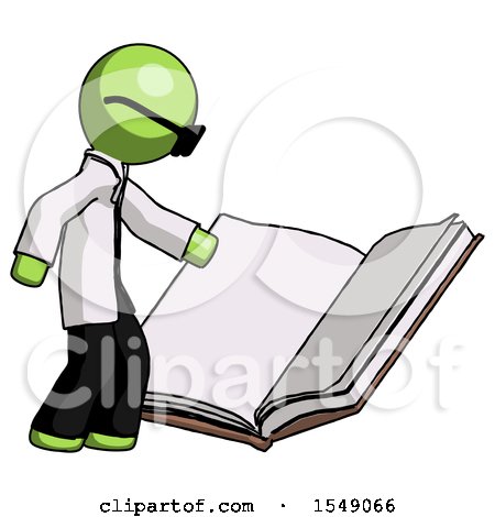 Green Doctor Scientist Man Reading Big Book While Standing Beside It by Leo Blanchette
