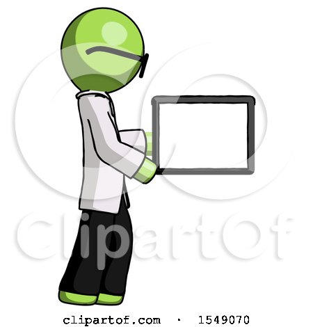 Green Doctor Scientist Man Show Tablet Device Computer to Viewer, Blank Area by Leo Blanchette