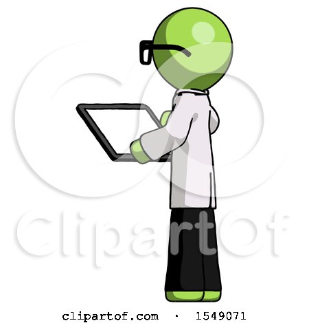 Green Doctor Scientist Man Looking at Tablet Device Computer with Back to Viewer by Leo Blanchette