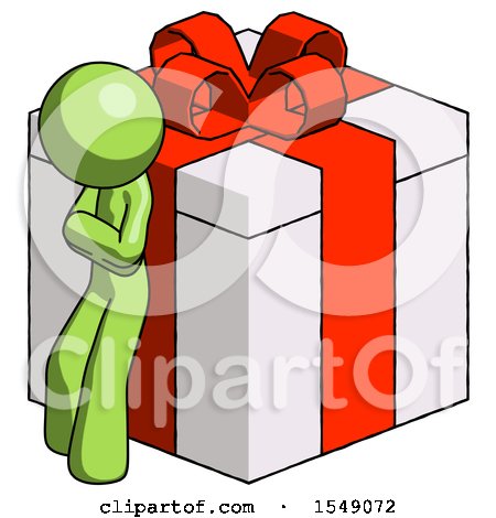 Green Design Mascot Man Leaning on Gift with Red Bow Angle View by Leo Blanchette