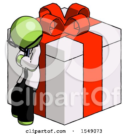 Green Doctor Scientist Man Leaning on Gift with Red Bow Angle View by Leo Blanchette
