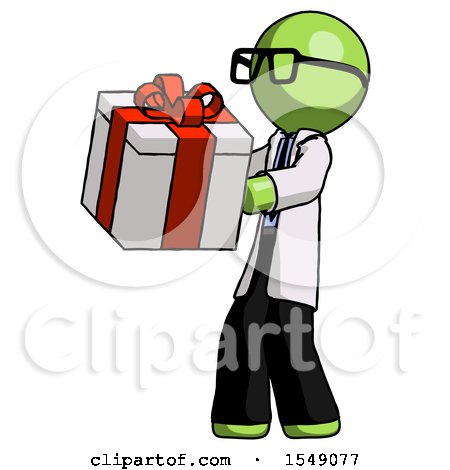 Green Doctor Scientist Man Presenting a Present with Large Red Bow on It by Leo Blanchette