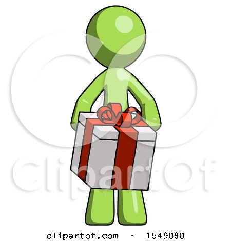 Green Design Mascot Man Gifting Present with Large Bow Front View by Leo Blanchette