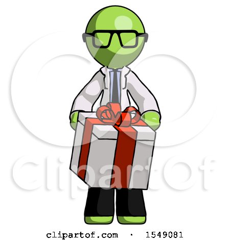 Green Doctor Scientist Man Gifting Present with Large Bow Front View by Leo Blanchette