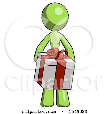 Green Design Mascot Woman Gifting Present with Large Bow Front View by Leo Blanchette