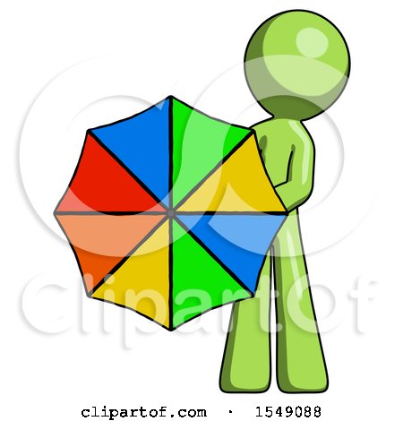 Green Design Mascot Man Holding Rainbow Umbrella out to Viewer by Leo Blanchette