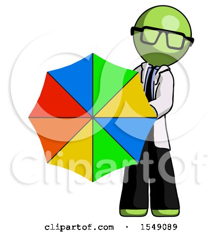 Green Doctor Scientist Man Holding Rainbow Umbrella out to Viewer by Leo Blanchette