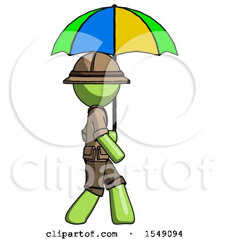 Green Explorer Ranger Man Walking with Colored Umbrella by Leo Blanchette