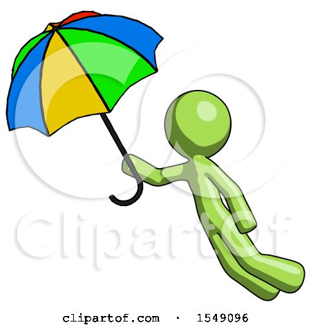 Green Design Mascot Man Flying with Rainbow Colored Umbrella by Leo Blanchette