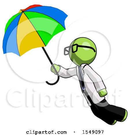 Green Doctor Scientist Man Flying with Rainbow Colored Umbrella by Leo Blanchette