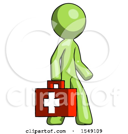 Green Design Mascot Man Walking with Medical Aid Briefcase to Right by Leo Blanchette