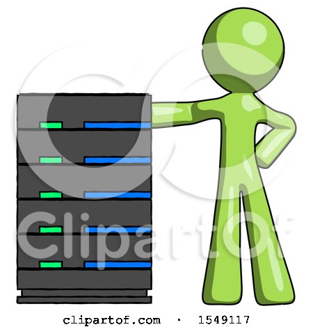 Green Design Mascot Man with Server Rack Leaning Confidently Against It by Leo Blanchette